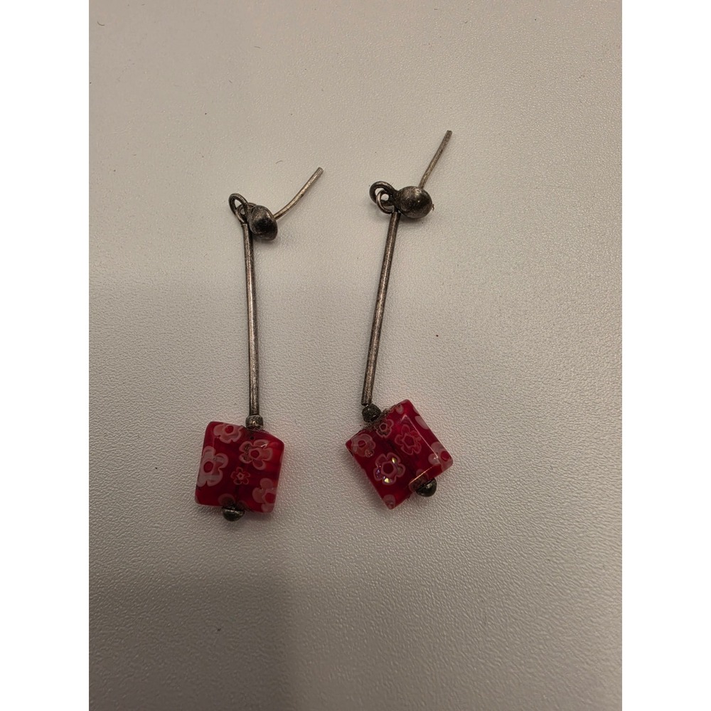 Red Millefiori Glass Square Bead Drop Earrings Silver Tone Bar Dangle Floral